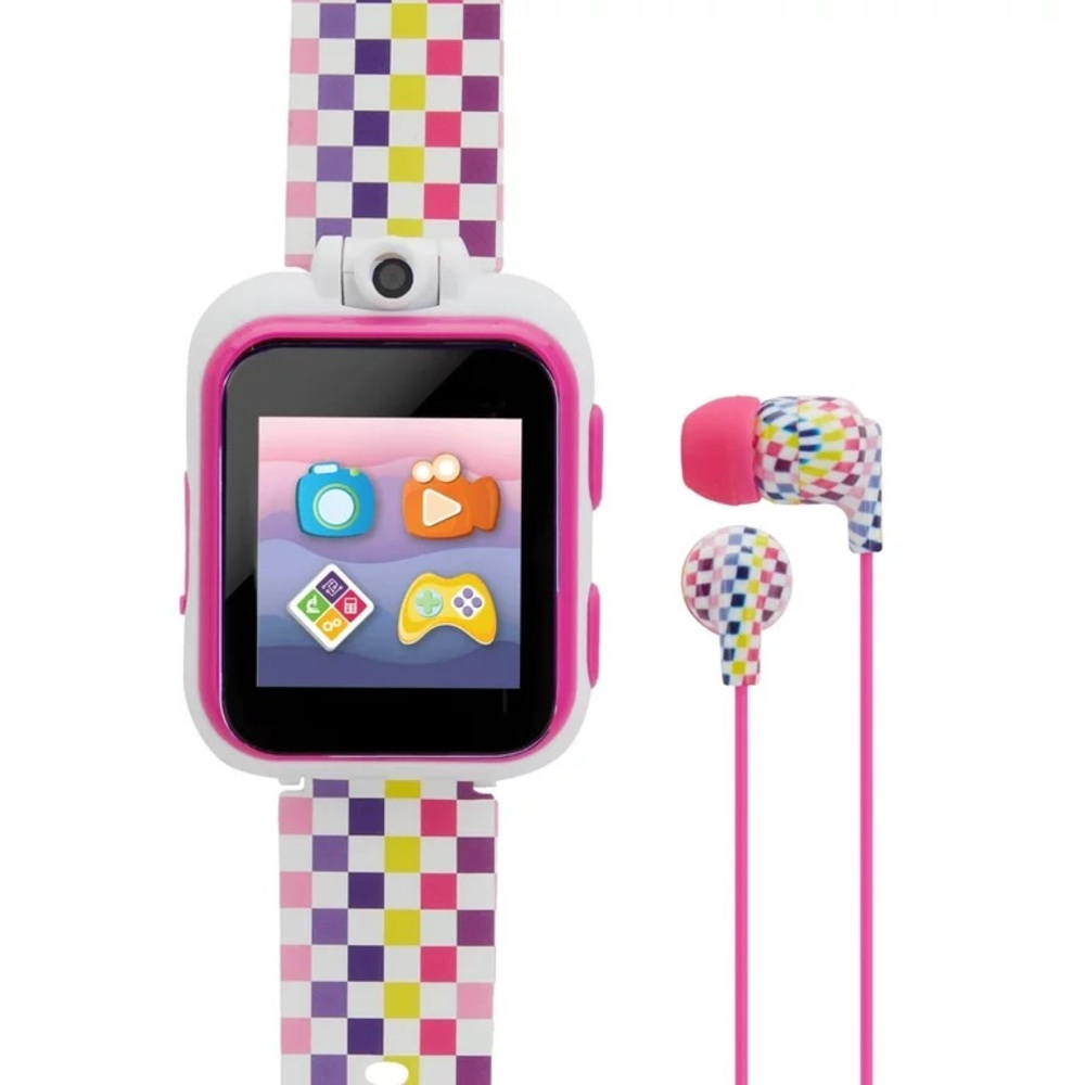 🆕 iTech Junior Girls Earbuds & Smartwatch Set - Rainbow Checker